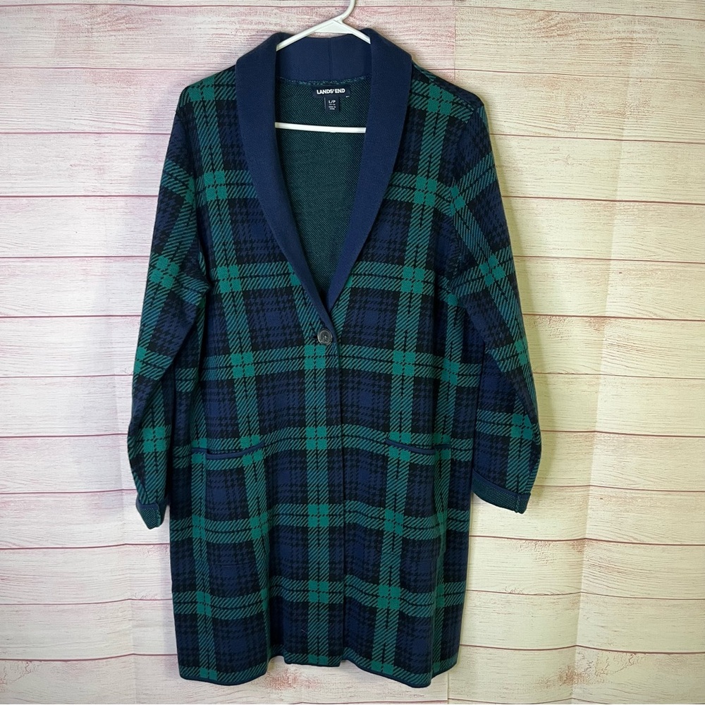 Lands’ End Coat‎ Plaid Green Navy Blue Long Cardigan Size Large